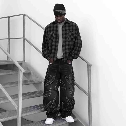 Y2K Jeans Men's Hip-hop Retro Flame Splicing Wide Leg Women's Gothic Straight Tube Loose Jeans2