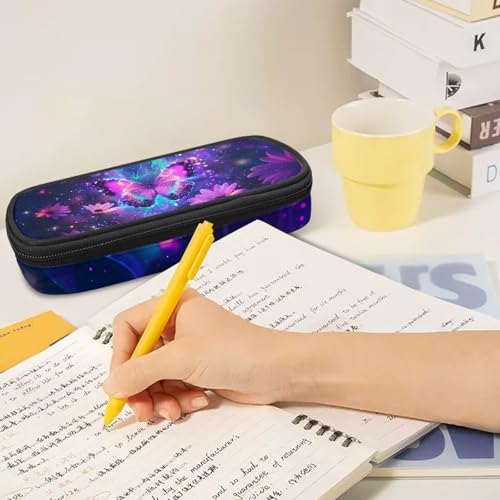 Image of Purple Butterfly Floral Print Pencil Case, Pen Cases Stationery Pouch Storage Bag Desk Organizer for Back to School Supplies