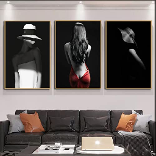 Toile peinture mur art photo moderne femme au chapeau noir et blanc salon