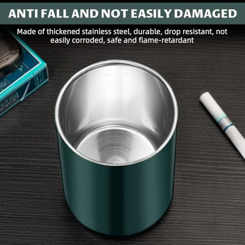 Image of HASTHIP Stainless Steel Green Ashtray, Funnel Lid for Table & Cup Holder | Helps Reduce Ash Scattering, Funnel Opening Supports Cleaner Disposal, Durable Steel Build, Tabletop or Vehicle Placement