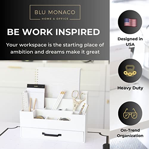 Blu Monaco White Wooden Desk Organizer With Drawer - Office Desk Accessories And Organizer Desk Caddy - Office Organizer - Office Organizers For Desk Supplies For Women Office - Desk Top Organizing #TOP1