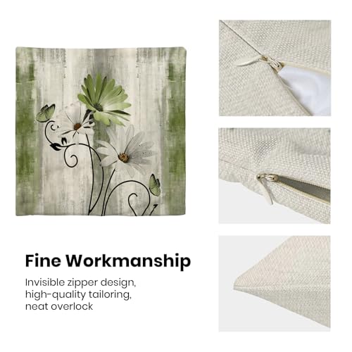 Sorktse Sage Green Pillow Covers 18x18 Inch Set of 2 Vintage Green White Daisy Floral Throw Pillows Spring Summer Flower Butterfly Pillowcases Linen Outdoor Decor Cushion Covers for Sofa Couch — view 6