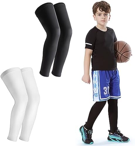 Newbyinn Kid Leg Sleeve 2 Pairs, Long Compression Leg Sleeve for Youth Boy Girl Basketball Soccer Football