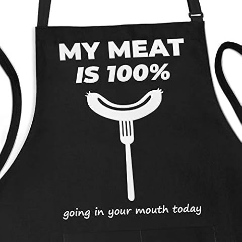 APRON DADDY Funny BBQ Apron for Men - My Meat Is 100% Going In Your Mouth Today - Adjustable Large 1 Size Fits All - Poly/Cotton Apron with 2 Pockets - Men's Cooking Apron Joke Gift for Him Cover