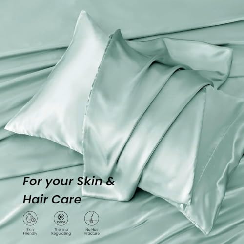 Image of Mush 400TC Luxurious Satin Silk King Size Bed Sheet with 2 Pillow Covers - Silky Soft, Skin-Friendly, Breathable, Durable Premium Printed Bedding | 108 X 108 Inches (Aqua Blue)