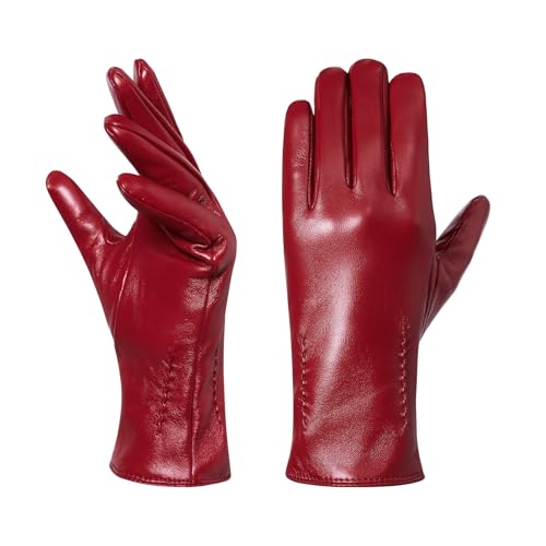 Hanotolo Womens Winter Leather Gloves -Touchscreen Warm Wool Lined Texting Driving Gloves Red M