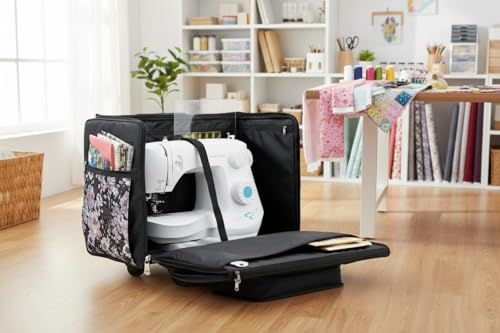 Everything Mary XL Flat-Top Rolling Sewing Machine Case – Purple Flower Craft Bag with Wheels – Portable Storage Organizer for Sewing, Scrapbooking & Craft Supplies - Thumbnail 2