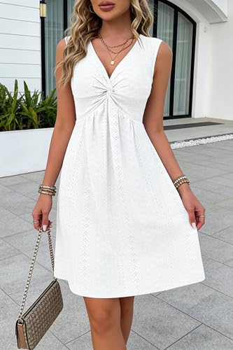 Image of VKEGNIO Twist Front V Neck Ruffle Sleeveless Dress for Women Sexy Elegant Club Party Tunic Dress Casual Vacation Mini Dresses