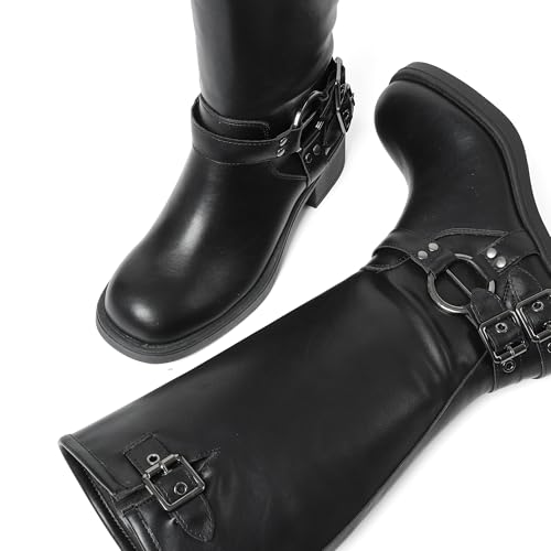 Image of AMINUGAL Knee High Boots Women Square Toe Pull On Wide Calf Riding Fashion Buckles Chunky Metallic Casual Vintage Buckle Rivet