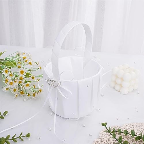 QIRMIZI Wedding Ring Pillow and Flower Girl Basket Set – Adorned with Pearl Rhinestones, White Satin,White by QIRMIZI - Image 3