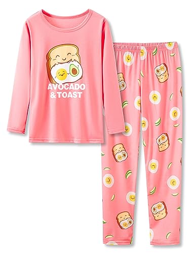 Image of Beezizac Girls Pajamas Cute Print Short /Long Sleeve Pants Set Size 6-18 | Soft Stretch Poly Blend, Comfy Crewneck, Elastic Waist Pants, Everyday & Holiday Sleepwear for Big Girls, Tweens & Teens