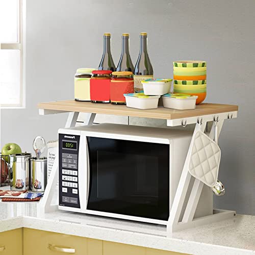 Supfine Mensola per microonde, a 2 livelli, supporto per microonde, con 4 zappe, organizer in acciaio al carbonio per tostapane, friggitrice ad aria calda, cucina (forma Z, noce)