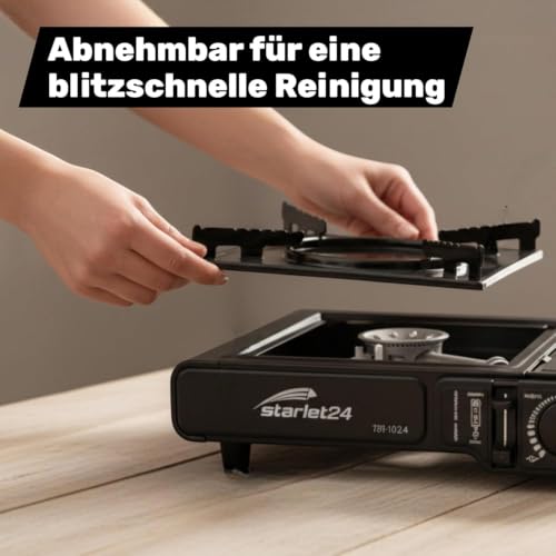 Foto von Starlet24 Campingkocher Set Schwarz | Gaskocher inkl. 4x Gaskartuschen & Koffer | Tragbarer Outdoor-Kocher mit Piezozündung & Sicherheits-Verriegelung | Ideal für Camping, Garten & Notfall