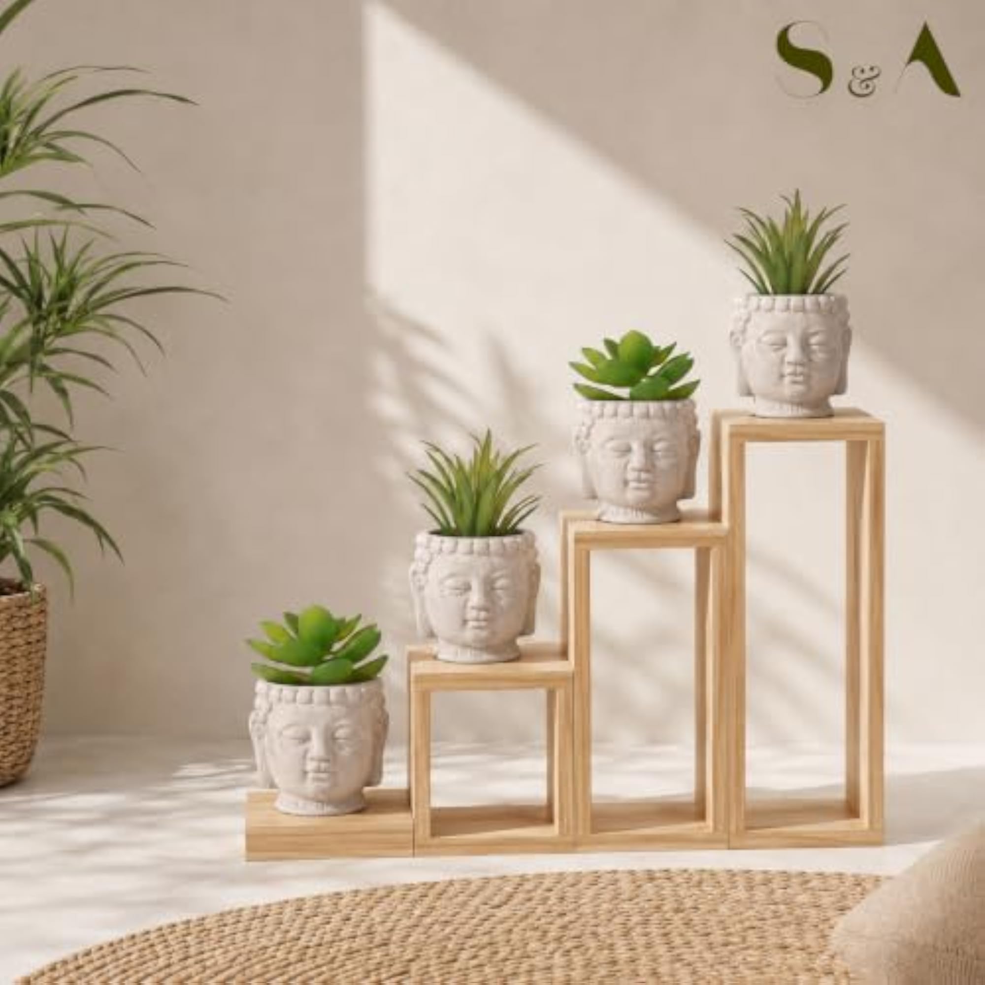 Small Artificial Succulent Plant Set with Buddha Face Pots