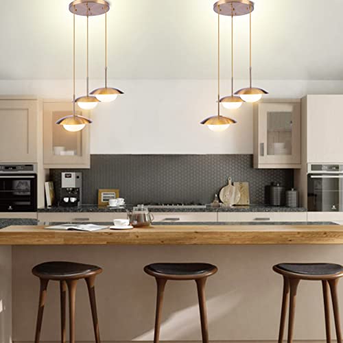 Byoliima Modern Pendant Lighting 3 Lights Industrial Adjustable Hanging Light Fixtures With Dome Shade White Globe Glass Shade Gold Chandelier Ceiling Lamp For Kitchen Island, Living Room, Dining Room #TOP2