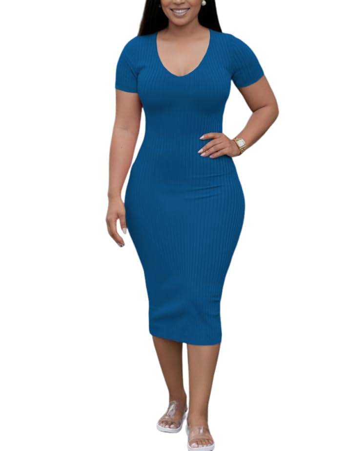 Image of TOPSRANI Women Sexy Midi Dress Bodycon Casual Sleeveless Basic Ruched Tank Summer Club Party Dresses