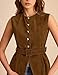 UANEO Suede Vest for Women 2025 Sleeveless Tops Casual Business Button Fashion Waistcoat with Belt (Brown-L)