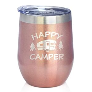 Bevvee Happy Camper Wine Tumbler with Sliding Lid – Stemless Stainless Steel Insulated Cup – Cute Outdoor Camping Mug – Rose Gold