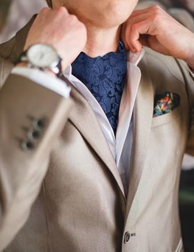 Image of Barry.Wang Ascot Ties Cravat Tie Men Paisley Plaid Scarf Self Tie Pocket Square Cufflinks Set Wedding Party