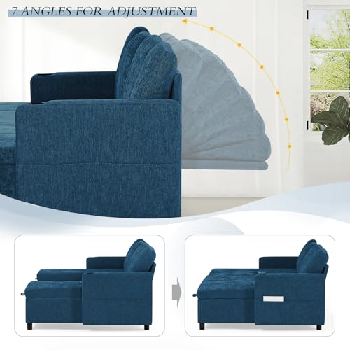 Lesofair 108\" U-Shape Pull Out Sofa with 2 Storage Chaise, Chenille Sectional Sleeper Sofa with Adjustable Backrest, Upholstered Reversible Couch Bed with USB Port for Living Room, House,Blue - Thumbnail 5