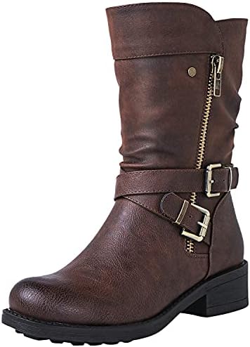 GLOBALWIN Women's Fall Fashion Biker Boots Mid Calf Boots For Women Brown 8.5M