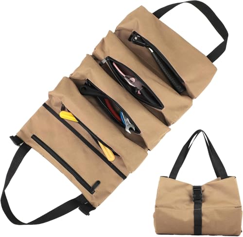 Bolsa de Herramientas Enrollable de Lona – Estuche con 5 Bolsillos con Cremallera – Para Electricistas, Fontaneros, Carpinteros, Hogar, Coches y Motos (Caqui)