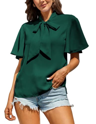 Kate Kasin Ladies Summer Blouse Casual Short Sleeve Work Tops Chiffon Blouses With Bow Tie Dark Green M #TOP2