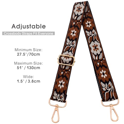 Image of Replacement Purse Strap Shoulder Strap Adjustable Crossbody Strap for Women Crossbody Wide Shoulder Bag, Brown Floral-gold Metal, 28 inch~50 inch