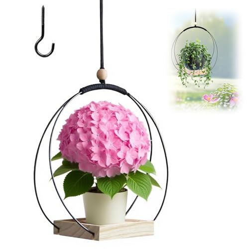 Hängeblumentopf mit Holzsockel, Blumenampel Hängend Innen mit Haken, Hängetopf für Pflanzen, Moderne Boho Hängetopf für Pflanzen, Schwarze Hängende Pflanzgefäße, für Wände, Decken, Garten, Balkon