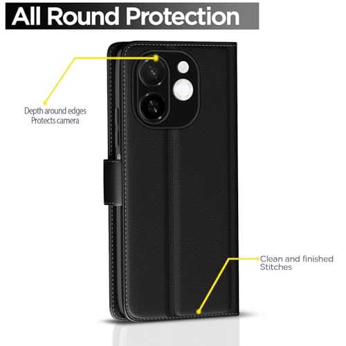 Image of Pikkme Flip Cover for Tecno Spark 30C 5G Leather Finish | Inside TPU with Card Pockets | Wallet Stand and Shock Proof | Complete Protection Button Flip Case(Black)