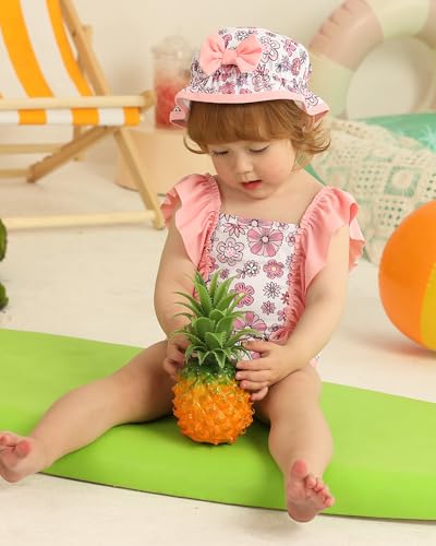 Image of Toddler Girl Swimsuit Baby Girl Bathing Suit Long Sleeve Floral Zipper One-Piece Rash Guard Swimsuit with Hat