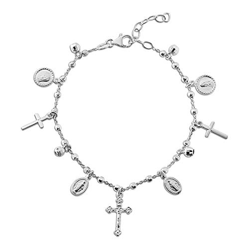 Sterling Silver Cross and Miraculous Beaded Charm Bracelet for Women 6.75 Inch with 1 Inch Extender
