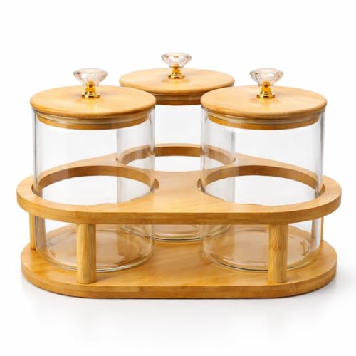 Image of 850ml Glass Storage Jar Set of 3 with Bamboo Stand & Wooden Lids | Airtight Kitchen Containers for Cookies, Dry Fruits, Snacks, Tea, Coffee | Countertop Organizer