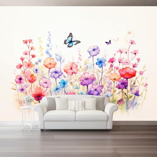 Watercolor Wall Murals for Living Room - Dreamlike Wildflowers Non-Woven Photo Wallpaper 400 x 280 cm (W x H), Light Pink Wall Mural Decoration Poster Picture for Bedroom Dining Room