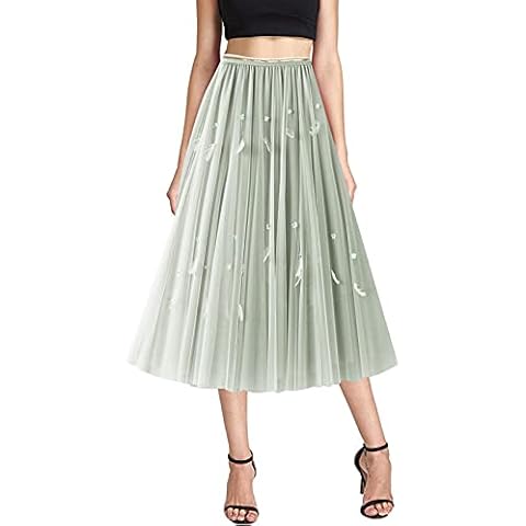 AUBIG Womens Tutu Tulle Skirt High Waist Solid Color Flowy Skirts Elegant Mesh Layered Midi Swing Skirt Cute Chiffon A-Line Skirts Green One Size Cover