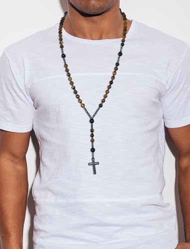 FISYOURS Rosary Necklace for Men,Natural Stone Cross Necklaces,Handmade Catholic Rosary Beads with Yellow Tiger Eye, Obsidian & Hematite for Prayer and Meditation,29Inches,Gift — view 5