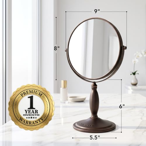 Image of OVENTE 8'' Tabletop Magnifying Makeup Mirror, Antique Bronze MNLAT80ABZ1X7X | Double Sided Vanity Standing Mount Mirror with 1X /7X Magnification, 360 Rotation, Perfect for Dresser Bedroom Office Desk