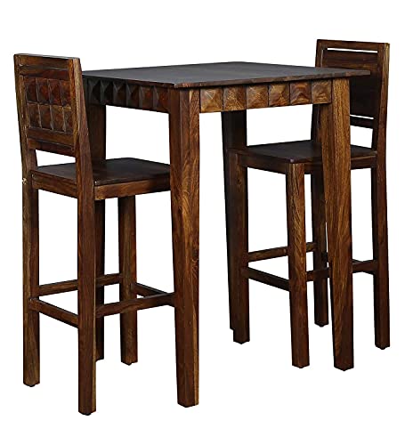 Image of Wooden Long 2 Seater Bar Table Set |2 Seater Dining Table Set with 2 Chairs, High Bar Table and Chairs Set | Kitchen Furniture | Sheesham Wood, Brown Finish
