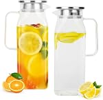 2 Pack (2 Liter 68 oz) Square Glass Pitcher with Lid and Spout, Easy Clean Heat Resistant, Borosilicate Glass Carafe for Hot/Cold Drink, Large Jug for Iced Tea, Coffee, Juice, Milk, Beverage