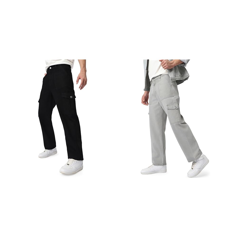 urbano fashion Men's Mid Rise Black and Ice Grey Loose Baggy Fit Cargo Jeans with 6 Pockets (Non-Stretchable, Size 32).-picture-10
