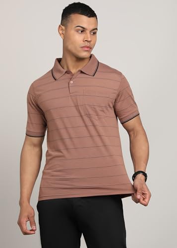 Image of INKKR Men Striped Polo Neck Cotton Blend T-Shirt