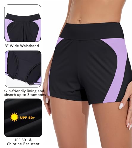 kiniswim Period Swimwear for Teens Bottom Menstrual Swimsuit Shorts High Waist Leakproof Bathing Suit Bottoms for Girls Women Black Purple - Image 2