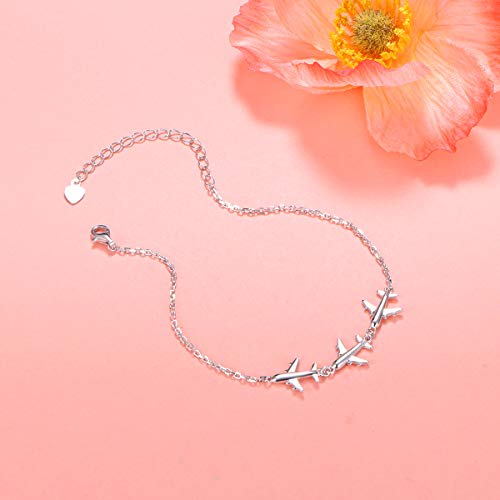FLYOW Three Airplane Bracelet Hypoallergenic Charm Bracelets Silver for Women Lady Adjustable 7+2 Inches Graduation Birthday Gifts4