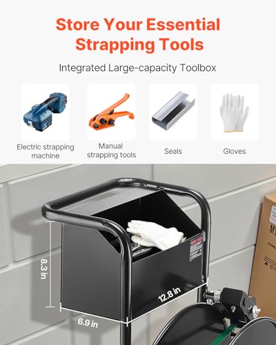 Image of VEVOR Banding Strapping Cart, for PET /PP Coils with 8 inch or 16 inch Core, Heavy Duty Strapping Dispenser with Upgrade Drum Brake System, Rubber Wheels and Built-in Spacious Tool Tray, 110 lbs Capacity