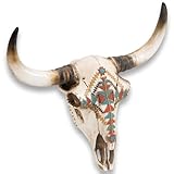 K EXCLUSIVE Southwest Native American Longhorn Bull Skull Resin Sculpture - Southwest Indian Art, Durable Construction - Beautiful Native American Motif Décor - 17 1/5” Horn Span