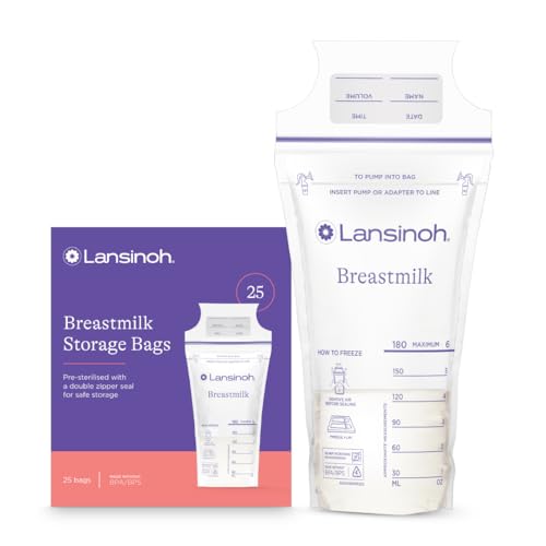 Image of Lansinoh breast milk transparent storage bags, breastmilk pouches for fridge or freezer use, pre-sterilized, reinforced double sealed side, double zipper for ultimate protection, 180ml, 25 count