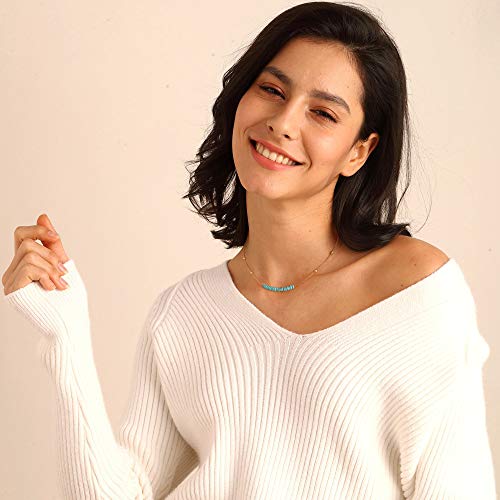 PERNNLA PEARL 18K Gold Satellite Beaded Curb Ball Chain Choker Turquoise Garnet Beads Bar Necklace Handmade Pendant Jewelry Adjustable for Women 16”+ 2”4