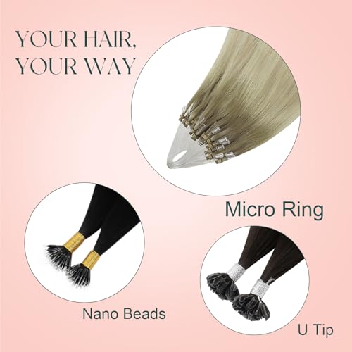 Image of Easyouth 18In Micro Link Hair Extensions Ombre, Cold Fusion Hair Extensions | Micro Loop Hair Extensions Real Human Hair Balayage, Ash Blonde to Platinum Blonde, 57g 50s, Natural Look, for Photoshoots