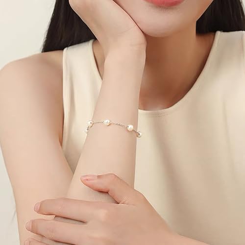 Pearl Bracelets for Women 925 Sterling Silver Simple Pearl Chain to Daughter,14K Gold Plated Dainty Pearl Bracelet BFF Friendship Bracelet Birthday Wedding Jewelry Gift3