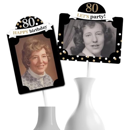 Black & Gold Adult Happy 80th Birthday - Photo Table Toppers - 15 Ct